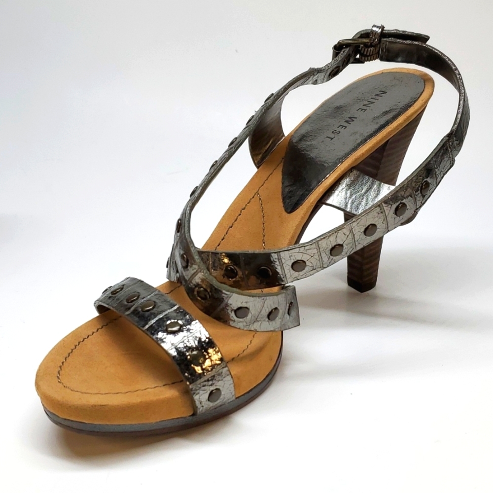NINE WEST Dimsum Metallic Leather Ankle Strap Heeled Sandal EUC